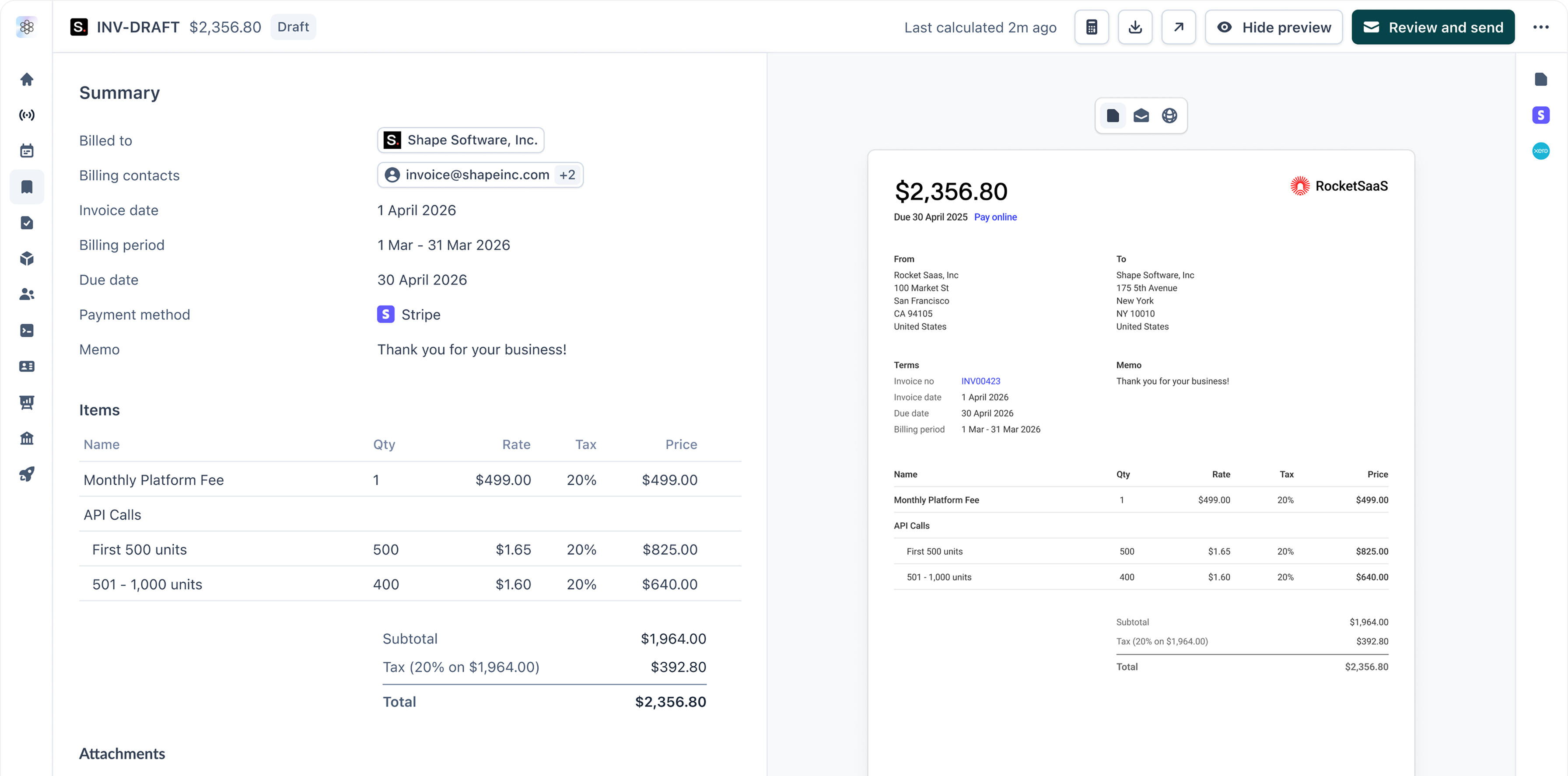 Sequence billing schedule rounded interface showing upcoming invoices, outstanding amounts, and schedule details