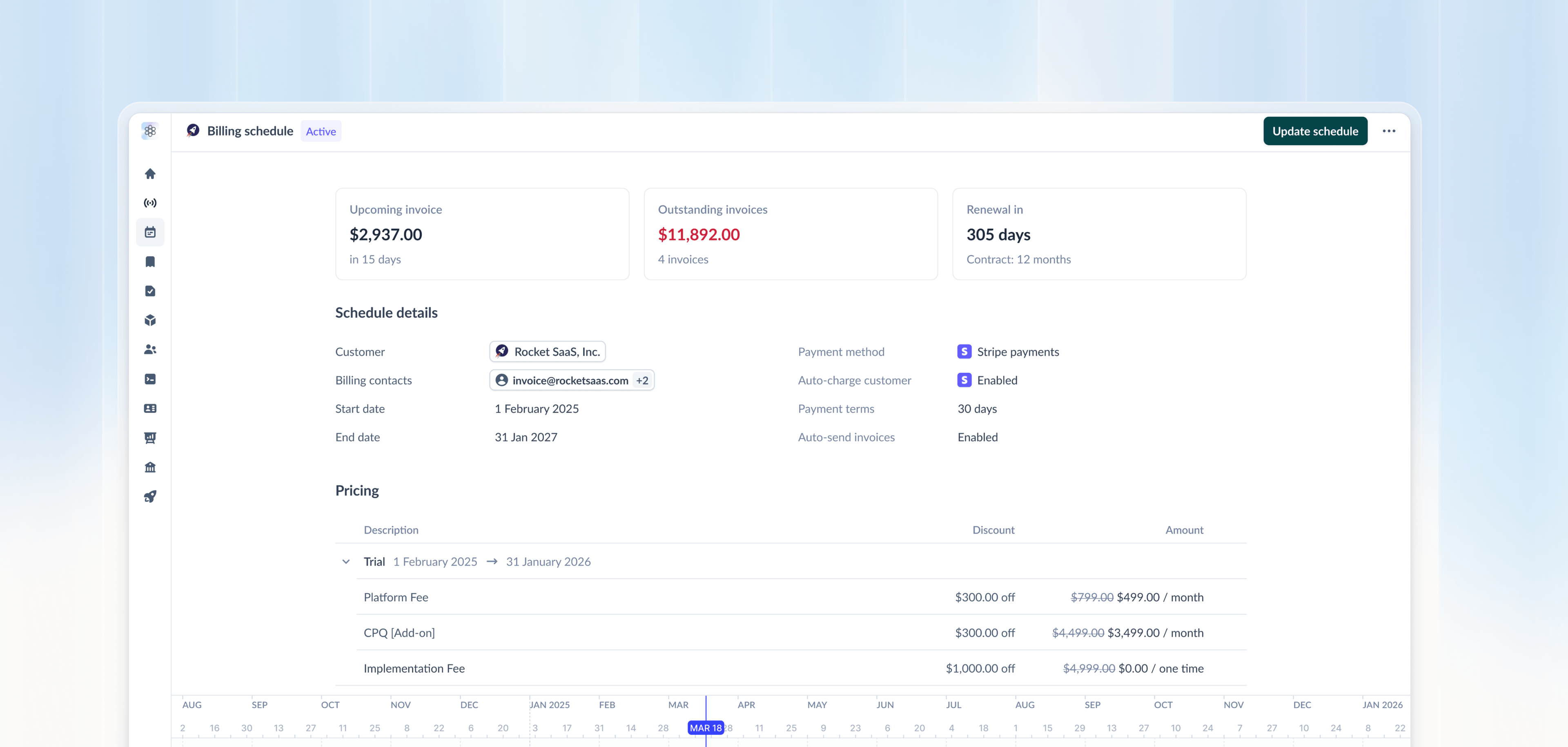 Sequence billing schedule rounded interface showing upcoming invoices, outstanding amounts, and schedule details
