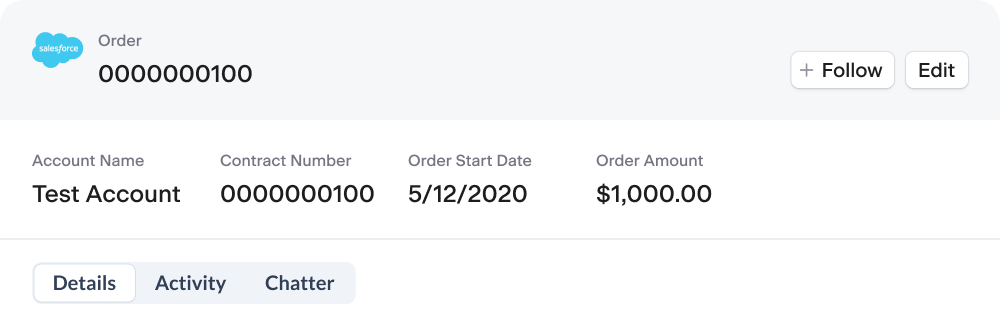 Salesforce order page showing order and account details