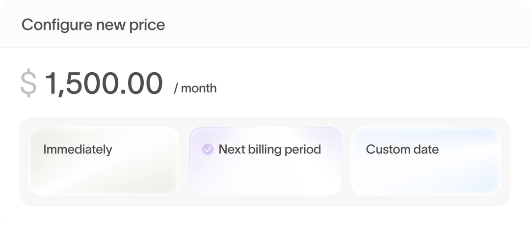 Configure new price dialog with options to apply immediately, next billing period, or custom date