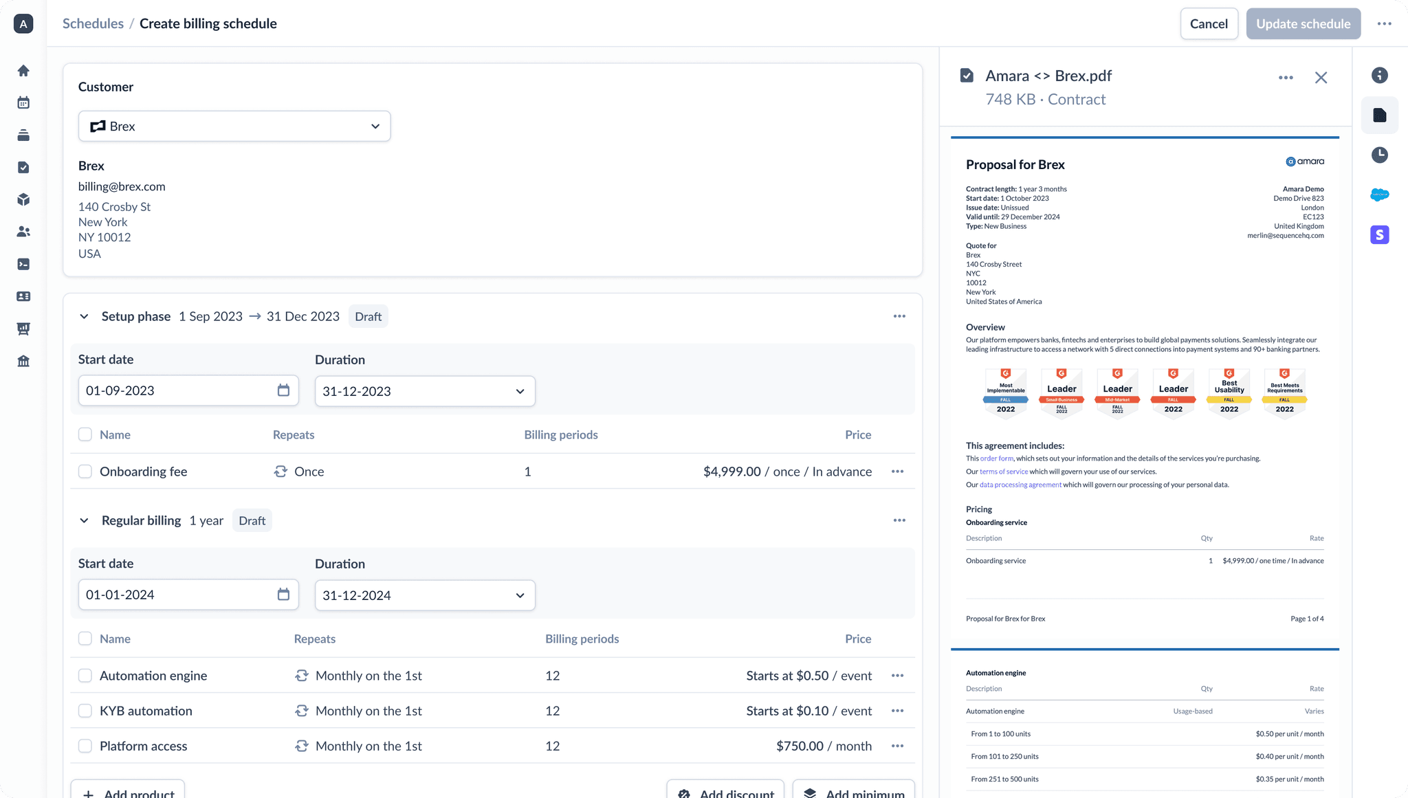 A screenshot of a billing schedule setup page showing fields for customer details, setup duration, pricing, and a draft proposal document on the right