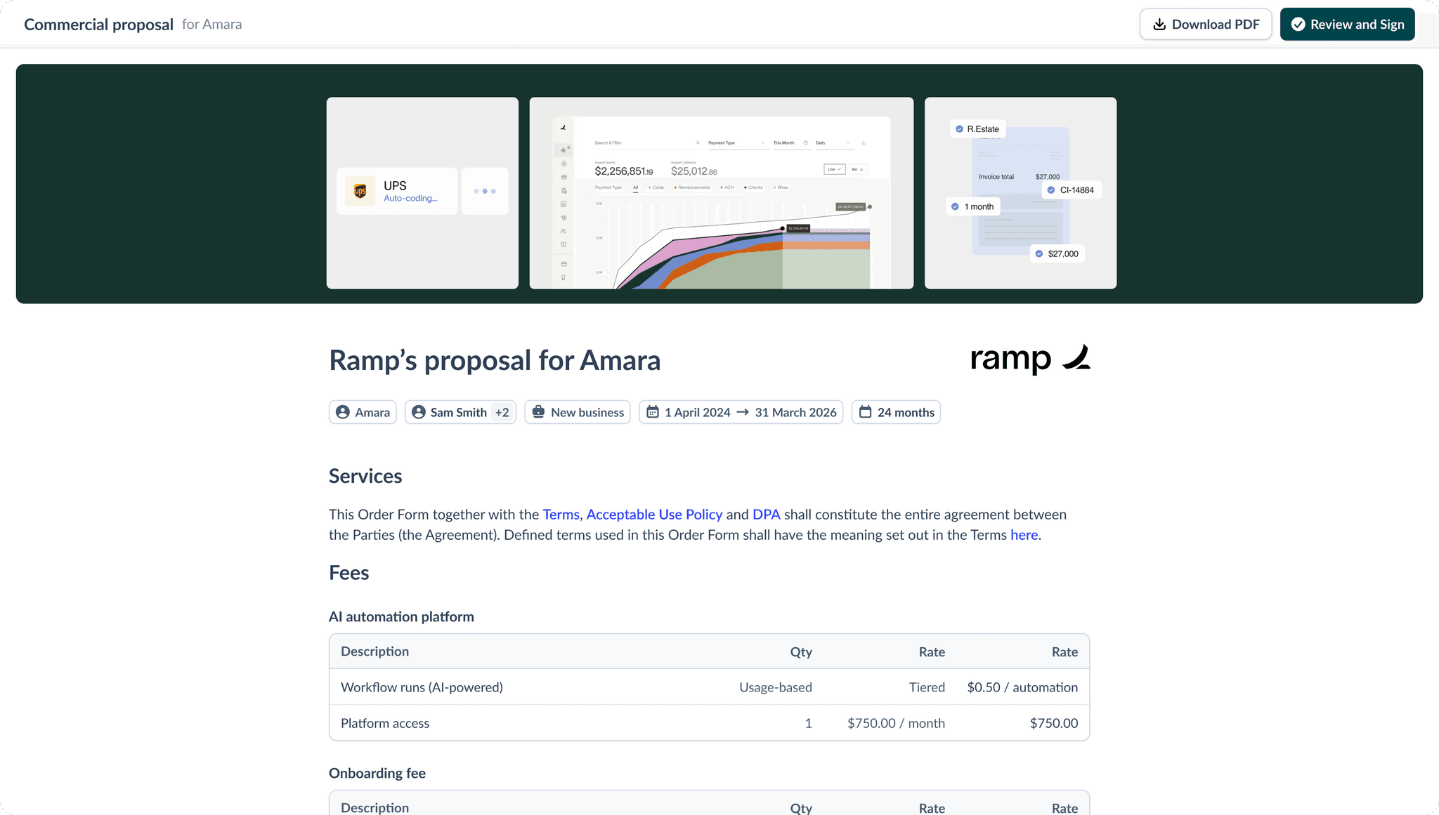 Screenshot of Ramp's commercial proposal for Amara. Includes sections for services, fees, and an automation platform description with costs. Header offers options to download or review and sign the proposal.