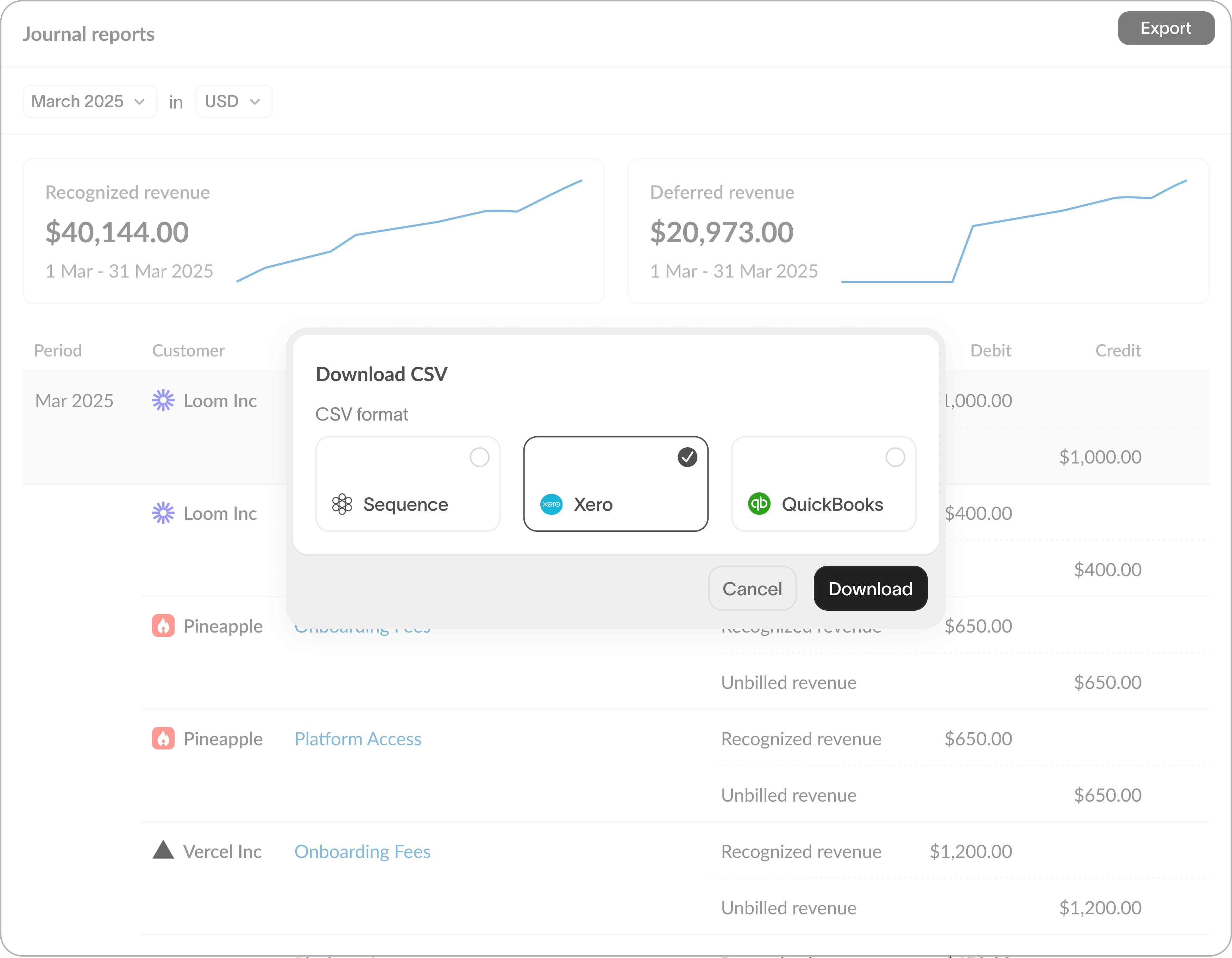 Export interface with ERP format options including NetSuite, Sage, and QuickBooks