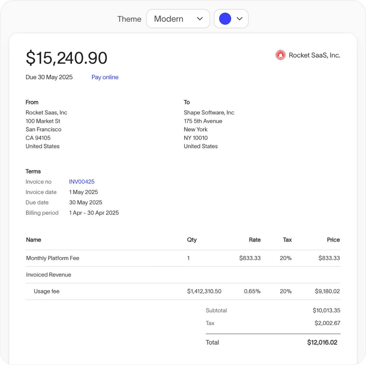 Branded invoices interface