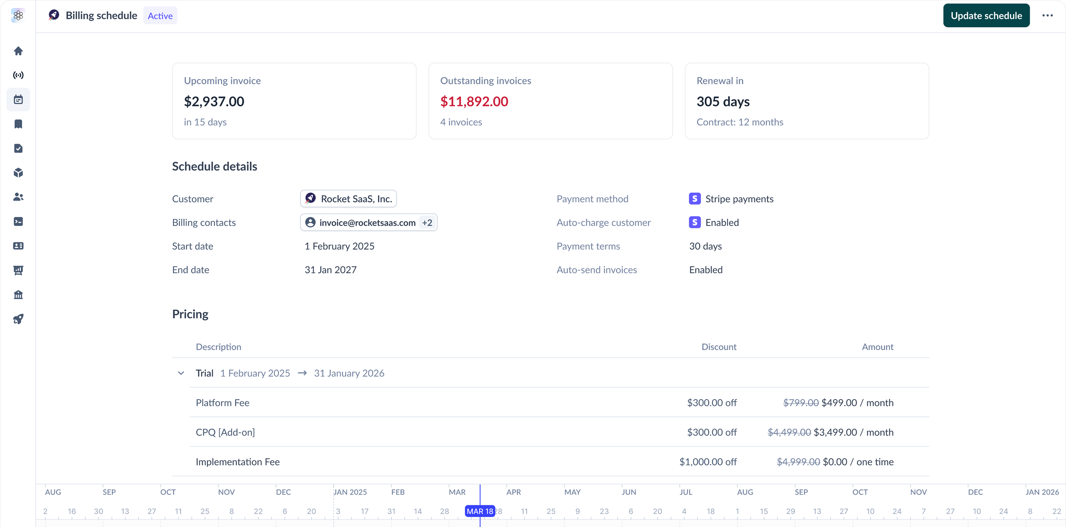 Sequence billing schedule rounded interface showing upcoming invoices, outstanding amounts, and schedule details