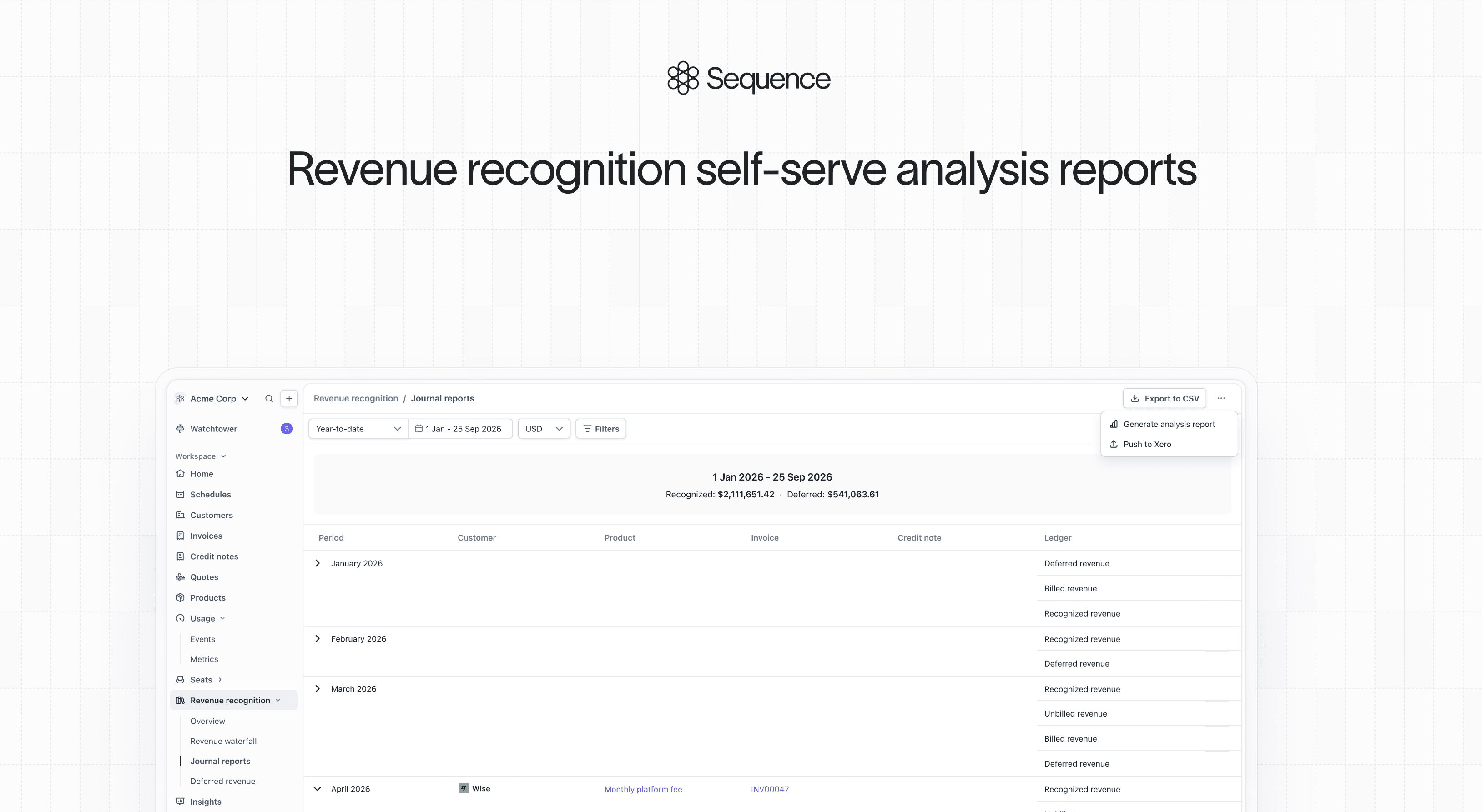 Revenue recognition self-serve analysis reports